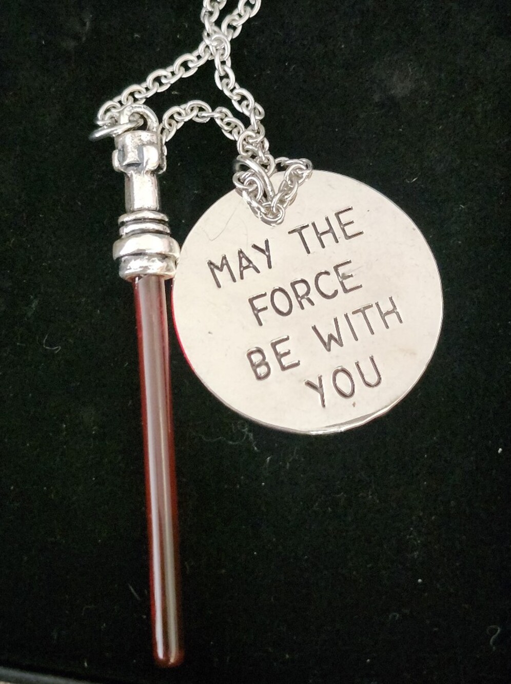 Star Wars "May The Force Be With You" Pendant Necklace with Red Lightsaber